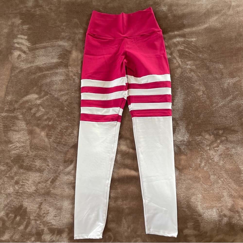 Girls' Pink and White Striped High-Waist Leggings